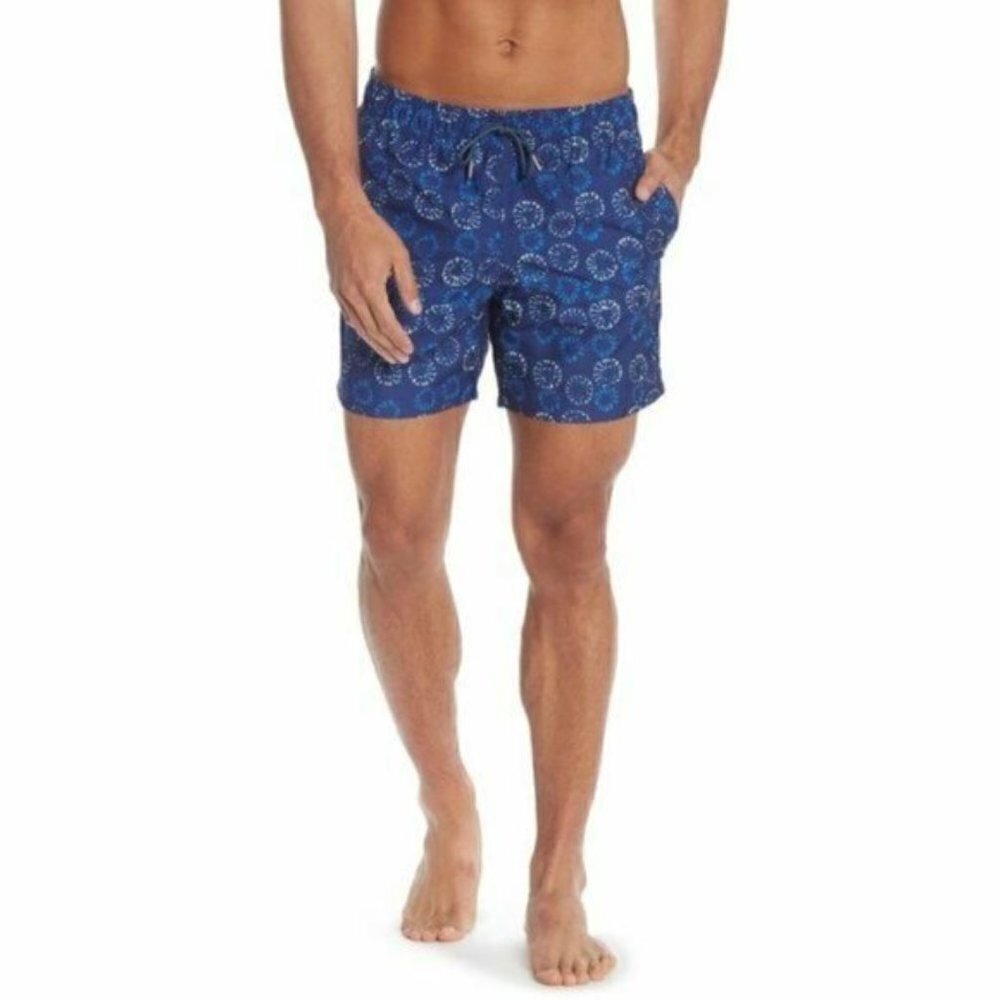Slate & Stone Mens Blue Geo Print Pockets Swim Trunks Swimwear Sz L New